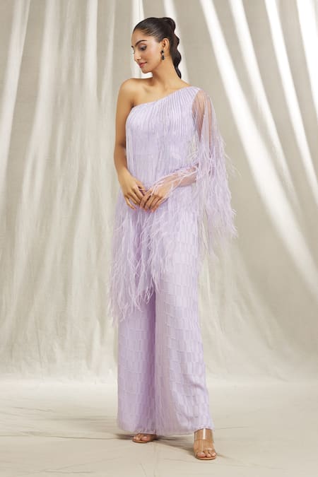 Shivani Awasty Purple Tulle, Georgette Beads, Feathers One Shoulder Embroidered Jumpsuit at Aza Fashions Shivani Awasty_Purple Tulle, Georgette Beads, Feathers One Shoulder Embroidered Jumpsuit _at_Aza_Fashions