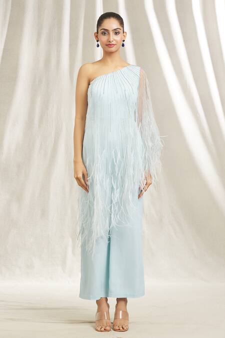 Buy Shivani Awasty Blue Tulle, Georgette Beads, Feathers One Shoulder Embroidered Jumpsuit Online at Aza Fashions Buy_Shivani Awasty_Blue Tulle, Georgette Beads, Feathers One Shoulder Embroidered Jumpsuit _Online_at_Aza_Fashions
