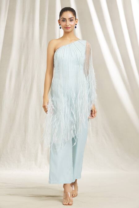 Shop Shivani Awasty Blue Tulle, Georgette Beads, Feathers One Shoulder Embroidered Jumpsuit Online at Aza Fashions Shop_Shivani Awasty_Blue Tulle, Georgette Beads, Feathers One Shoulder Embroidered Jumpsuit _Online_at_Aza_Fashions