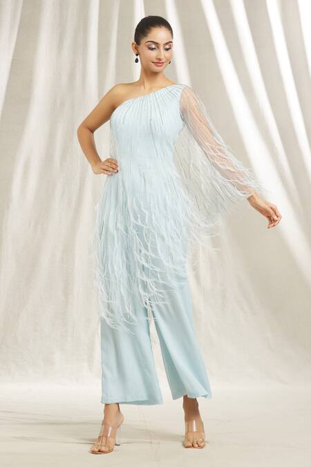 Shivani Awasty Blue Tulle, Georgette Beads, Feathers One Shoulder Embroidered Jumpsuit at Aza Fashions Shivani Awasty_Blue Tulle, Georgette Beads, Feathers One Shoulder Embroidered Jumpsuit _at_Aza_Fashions
