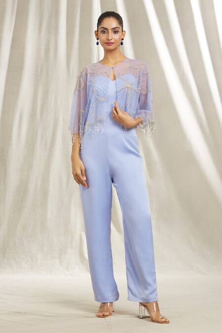 Shop_Shivani Awasty_Blue Tulle, Crepe Beads, Crystals, Cut Solid Jumpsuit With Embroidered Cape _Online_at_Aza_Fashions