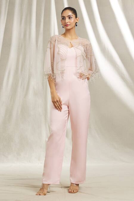 Buy_Shivani Awasty_Pink Tulle, Crepe Crystals, Cut Work, Beads Plain Jumpsuit With Embroidered Cape _Online_at_Aza_Fashions