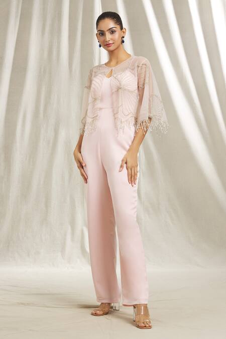 Shop_Shivani Awasty_Pink Tulle, Crepe Crystals, Cut Work, Beads Plain Jumpsuit With Embroidered Cape _Online_at_Aza_Fashions