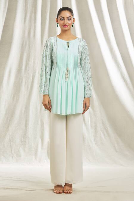 Buy_Shivani Awasty_Green Georgette Sequins, Beads, Crystals Keyhole Neck Sleeve Embroidered Tunic _Online_at_Aza_Fashions