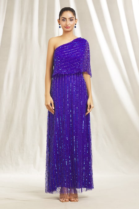 Buy_Shivani Awasty_Blue Tulle Sequins, Beads, Cut Work One Shoulder Embroidered Maxi Dress _Online_at_Aza_Fashions