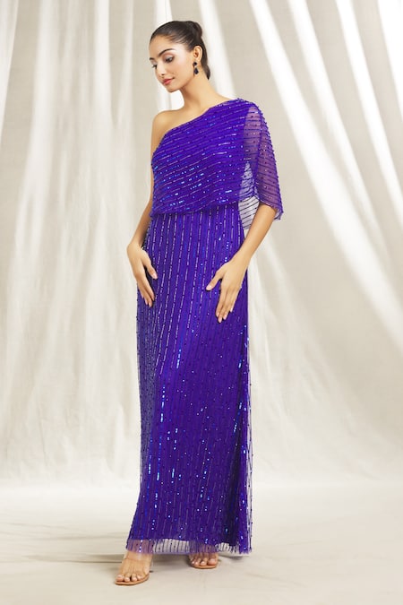 Shivani Awasty_Blue Tulle Sequins, Beads, Cut Work One Shoulder Embroidered Maxi Dress _at_Aza_Fashions