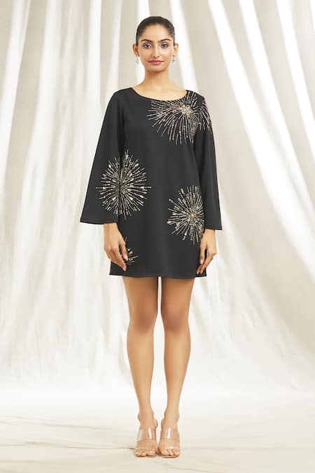 Buy_Shivani Awasty_Black Crepe Sequins, Beads Round Neck Starburst Embroidered Short Dress _Online_at_Aza_Fashions