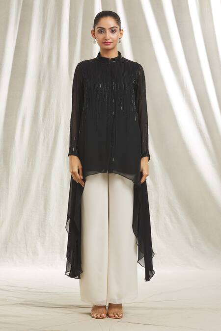 Buy_Shivani Awasty_Black Georgette Crystals, Sequins Mandarin Collar Asymmetric Embellished Tunic _Online_at_Aza_Fashions