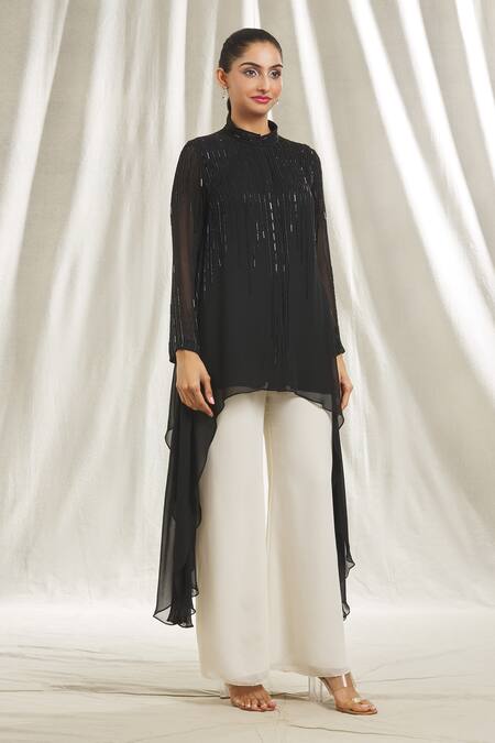 Shop_Shivani Awasty_Black Georgette Crystals, Sequins Mandarin Collar Asymmetric Embellished Tunic _Online_at_Aza_Fashions