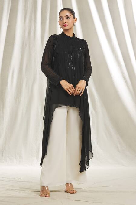 Shivani Awasty_Black Georgette Crystals, Sequins Mandarin Collar Asymmetric Embellished Tunic _at_Aza_Fashions