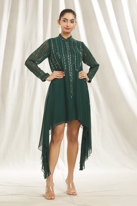 Shivani Awasty Green Georgette Embroidered Crystal Embellished Asymmetric Tunic 