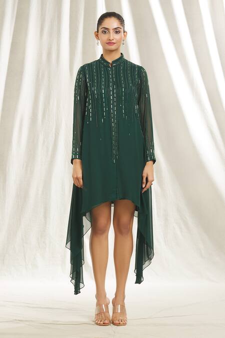 Buy Shivani Awasty Green Georgette Crystals, Sequins Mandarin Collar Embellished Asymmetric Tunic Online at Aza Fashions Buy_Shivani Awasty_Green Georgette Crystals, Sequins Mandarin Collar Embellished Asymmetric Tunic _Online_at_Aza_Fashions