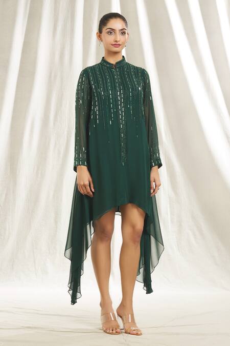 Shop Shivani Awasty Green Georgette Crystals, Sequins Mandarin Collar Embellished Asymmetric Tunic Online at Aza Fashions Shop_Shivani Awasty_Green Georgette Crystals, Sequins Mandarin Collar Embellished Asymmetric Tunic _Online_at_Aza_Fashions