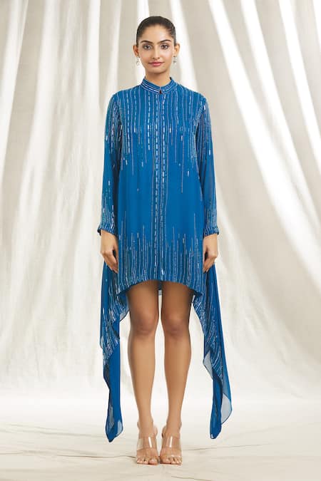 Buy_Shivani Awasty_Blue Georgette Crystals, Sequins Mandarin Collar Embellished Tunic _Online_at_Aza_Fashions