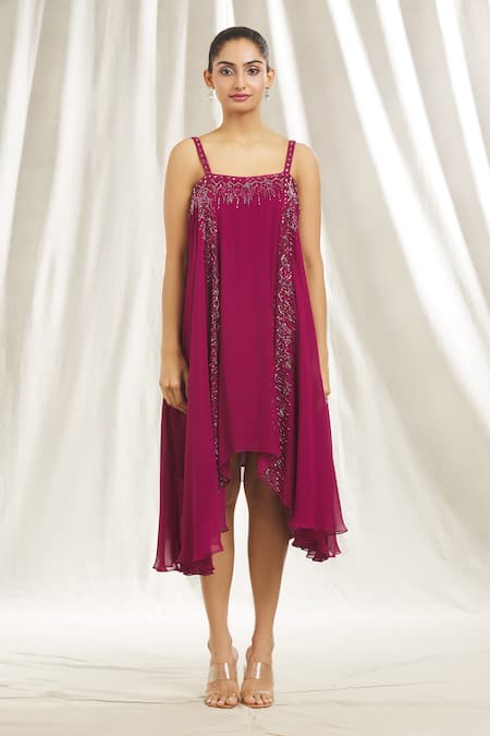 Buy_Shivani Awasty_Magenta Georgette Crystals, Sequins Square Neck Flared Embellished Tunic _Online_at_Aza_Fashions