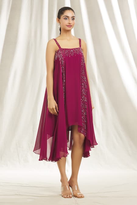 Shop_Shivani Awasty_Magenta Georgette Crystals, Sequins Square Neck Flared Embellished Tunic _Online_at_Aza_Fashions
