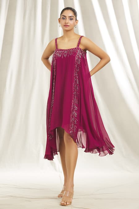 Shivani Awasty_Magenta Georgette Crystals, Sequins Square Neck Flared Embellished Tunic _at_Aza_Fashions