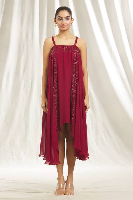 Buy Shivani Awasty Maroon Georgette Crystals, Sequins Square Neck Embellished Flared Tunic Online at Aza Fashions Buy_Shivani Awasty_Maroon Georgette Crystals, Sequins Square Neck Embellished Flared Tunic _Online_at_Aza_Fashions