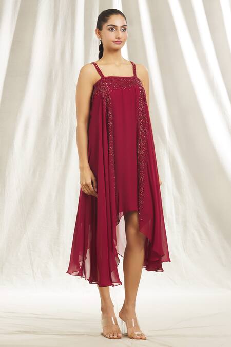 Shop Shivani Awasty Maroon Georgette Crystals, Sequins Square Neck Embellished Flared Tunic Online at Aza Fashions Shop_Shivani Awasty_Maroon Georgette Crystals, Sequins Square Neck Embellished Flared Tunic _Online_at_Aza_Fashions