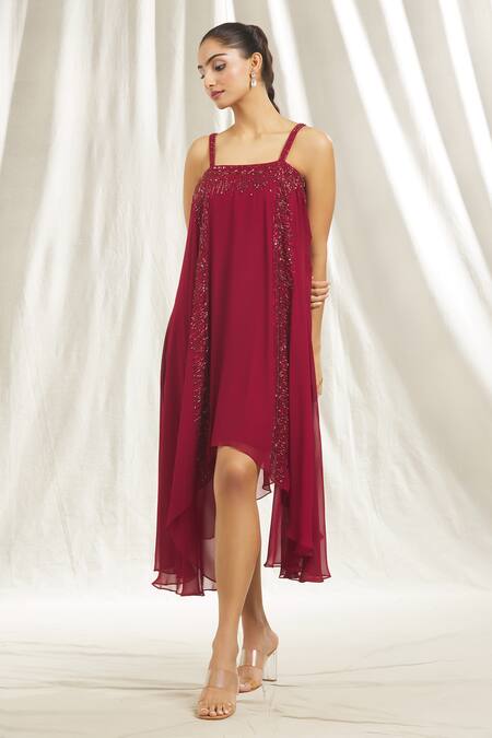 Shivani Awasty Maroon Georgette Crystals, Sequins Square Neck Embellished Flared Tunic at Aza Fashions Shivani Awasty_Maroon Georgette Crystals, Sequins Square Neck Embellished Flared Tunic _at_Aza_Fashions