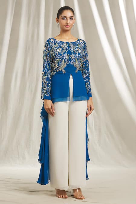Buy Shivani Awasty Blue Georgette Crystals, Sequins Round Neck High Low Embellished Tunic Online at Aza Fashions Buy_Shivani Awasty_Blue Georgette Crystals, Sequins Round Neck High Low Embellished Tunic _Online_at_Aza_Fashions