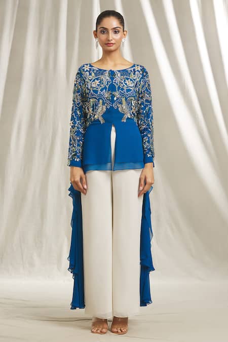 Shivani Awasty Blue Georgette Crystals, Sequins Round Neck High Low Embellished Tunic at Aza Fashions Shivani Awasty_Blue Georgette Crystals, Sequins Round Neck High Low Embellished Tunic _at_Aza_Fashions