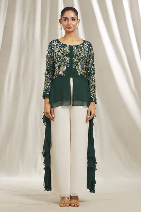 Buy Shivani Awasty Green Georgette Crystals, Sequins Round Neck Embellished High Low Tunic Online at Aza Fashions Buy_Shivani Awasty_Green Georgette Crystals, Sequins Round Neck Embellished High Low Tunic _Online_at_Aza_Fashions