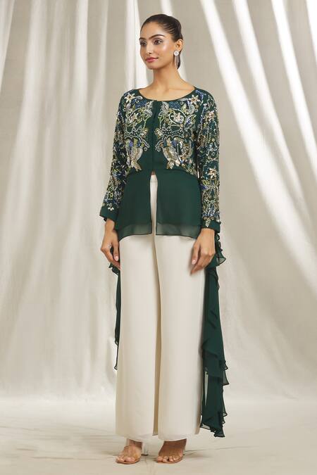 Shop Shivani Awasty Green Georgette Crystals, Sequins Round Neck Embellished High Low Tunic Online at Aza Fashions Shop_Shivani Awasty_Green Georgette Crystals, Sequins Round Neck Embellished High Low Tunic _Online_at_Aza_Fashions