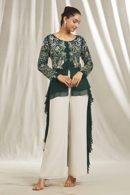 Shivani Awasty Green Georgette Crystals, Sequins Round Neck Embellished High Low Tunic at Aza Fashions Shivani Awasty_Green Georgette Crystals, Sequins Round Neck Embellished High Low Tunic _at_Aza_Fashions