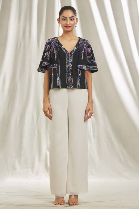 Buy Shivani Awasty Black Crepe Crystals, Sequins V-neck Embellished Top Online at Aza Fashions Buy_Shivani Awasty_Black Crepe Crystals, Sequins V-neck Embellished Top _Online_at_Aza_Fashions