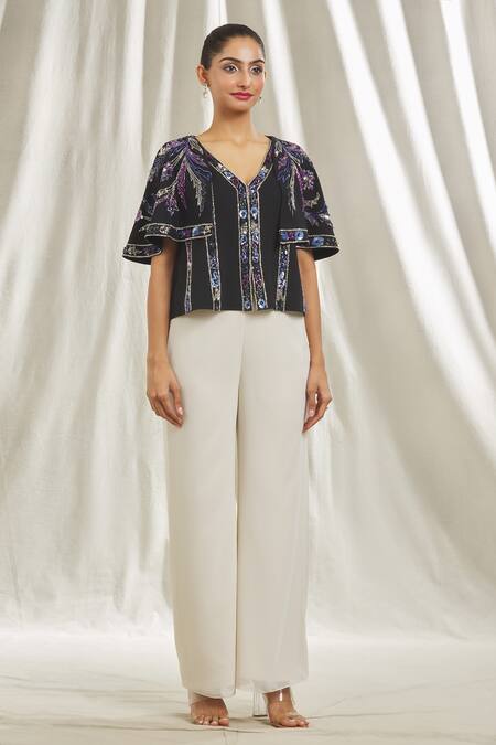 Shop Shivani Awasty Black Crepe Crystals, Sequins V-neck Embellished Top Online at Aza Fashions Shop_Shivani Awasty_Black Crepe Crystals, Sequins V-neck Embellished Top _Online_at_Aza_Fashions