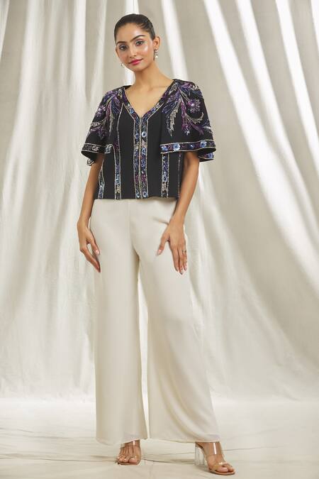 Shivani Awasty Black Crepe Crystals, Sequins V-neck Embellished Top at Aza Fashions Shivani Awasty_Black Crepe Crystals, Sequins V-neck Embellished Top _at_Aza_Fashions