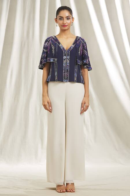 Buy Shivani Awasty Blue Crepe Sequins, Crystals V-neck Embellished Top Online at Aza Fashions Buy_Shivani Awasty_Blue Crepe Sequins, Crystals V-neck Embellished Top _Online_at_Aza_Fashions