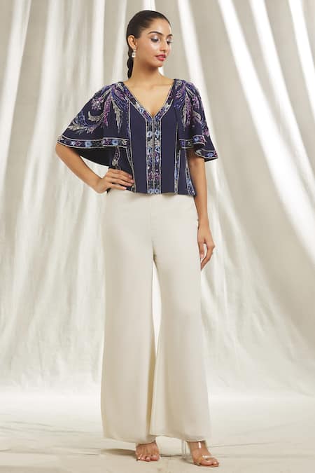 Shop Shivani Awasty Blue Crepe Sequins, Crystals V-neck Embellished Top Online at Aza Fashions Shop_Shivani Awasty_Blue Crepe Sequins, Crystals V-neck Embellished Top _Online_at_Aza_Fashions