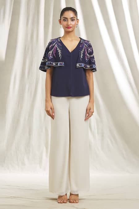 Buy_Shivani Awasty_Blue Crepe Crystals, Sequins V-neck Placement Embellished Top _Online_at_Aza_Fashions