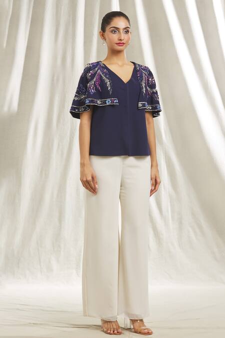 Shop_Shivani Awasty_Blue Crepe Crystals, Sequins V-neck Placement Embellished Top _Online_at_Aza_Fashions