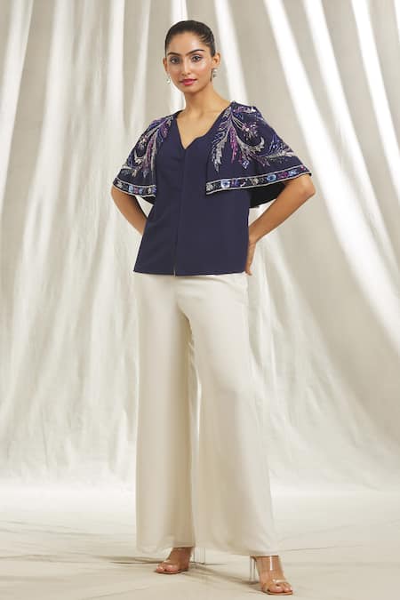 Shivani Awasty_Blue Crepe Crystals, Sequins V-neck Placement Embellished Top _at_Aza_Fashions