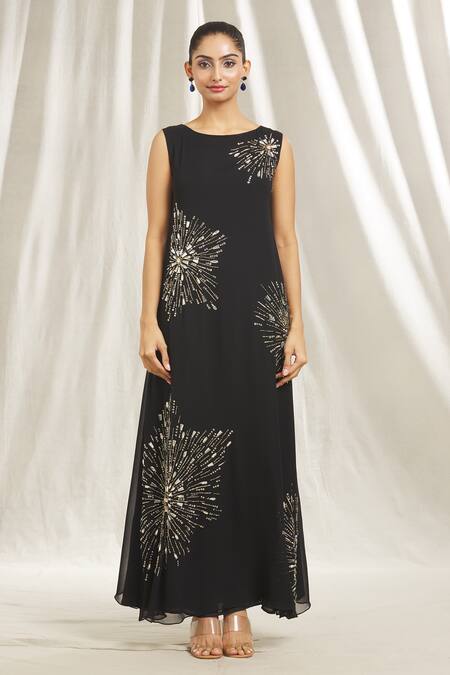 Buy Shivani Awasty Black Georgette Crystals, Sequins Round Neck Starburst Embellished Dress Online at Aza Fashions Buy_Shivani Awasty_Black Georgette Crystals, Sequins Round Neck Starburst Embellished Dress _Online_at_Aza_Fashions