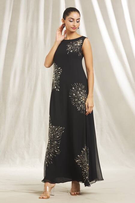 Shop Shivani Awasty Black Georgette Crystals, Sequins Round Neck Starburst Embellished Dress Online at Aza Fashions Shop_Shivani Awasty_Black Georgette Crystals, Sequins Round Neck Starburst Embellished Dress _Online_at_Aza_Fashions