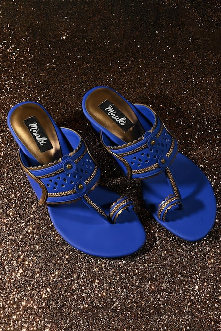 Shop_Miraki_Blue Cut Work, Chains Kolhapuri Block Heels _at_Aza_Fashions