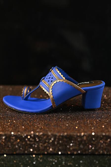Miraki_Blue Cut Work, Chains Kolhapuri Block Heels _Online_at_Aza_Fashions