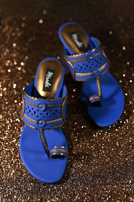 Miraki_Blue Cut Work, Chains Kolhapuri Block Heels _at_Aza_Fashions