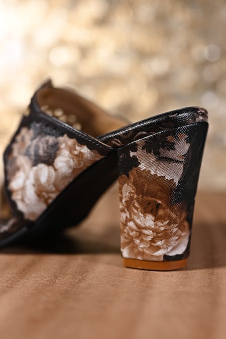 Shop_Miraki_Brown Embroidery, Ribbons Floral Print Kolhapuri Block Heels _Online_at_Aza_Fashions