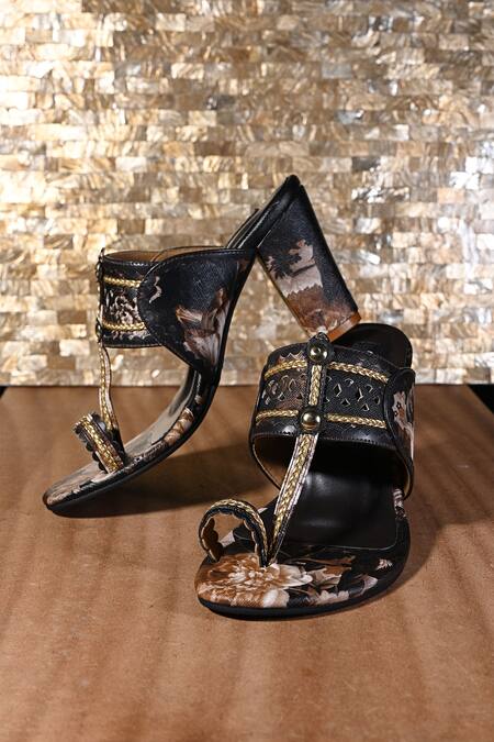 Miraki_Brown Embroidery, Ribbons Floral Print Kolhapuri Block Heels _at_Aza_Fashions