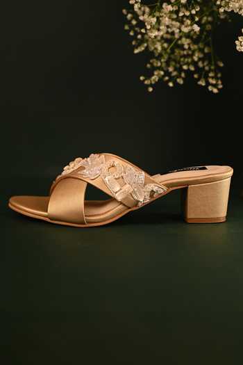 Miraki_Gold Cut Work, Pearls Embellished Strap Block Heels _Online_at_Aza_Fashions