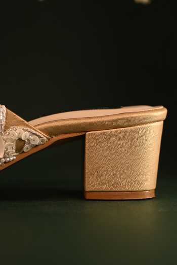 Buy_Miraki_Gold Cut Work, Pearls Embellished Strap Block Heels _Online_at_Aza_Fashions
