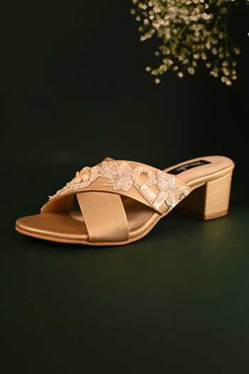 Shop_Miraki_Gold Cut Work, Pearls Embellished Strap Block Heels _Online_at_Aza_Fashions