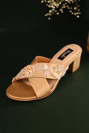 Miraki_Gold Cut Work, Pearls Embellished Strap Block Heels _at_Aza_Fashions