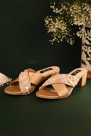 Buy_Miraki_Gold Cut Work, Pearls Embellished Strap Block Heels 