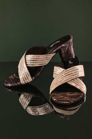 Miraki_Black Sequins, Embroidery And Thread Embellished Strap Heels _at_Aza_Fashions